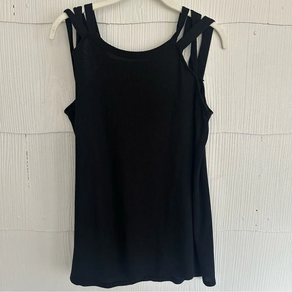 7th Ray Women’s Large Black Strappy Shoulder Sleeveless Tank Top Waffle Knit - Picture 1 of 4